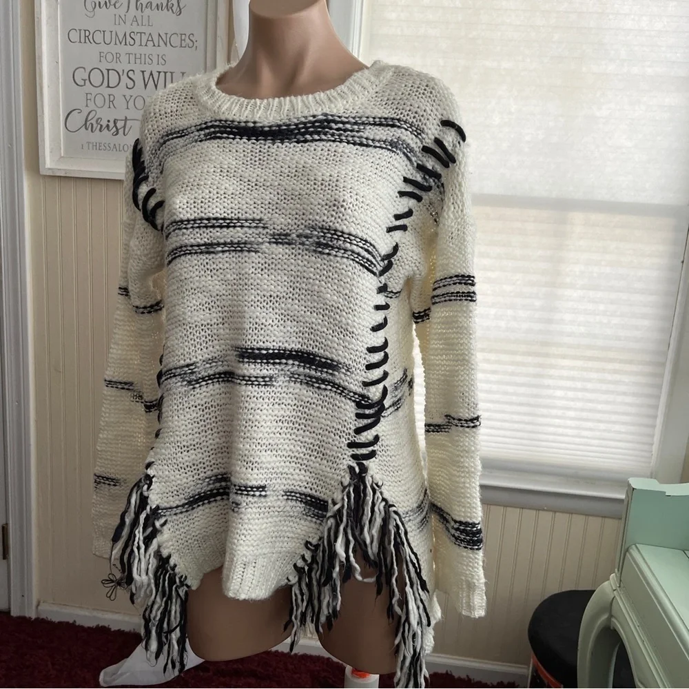 Rebecca Elliot white black fringe sweater